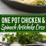 This one pot chicken with creamy spinach artichoke pasta is made with seared chicken breasts, orzo pasta, fresh spinach, artichokes and plenty of cheese. It's a quick and easy weeknight dinner with less dishes to do at the end!