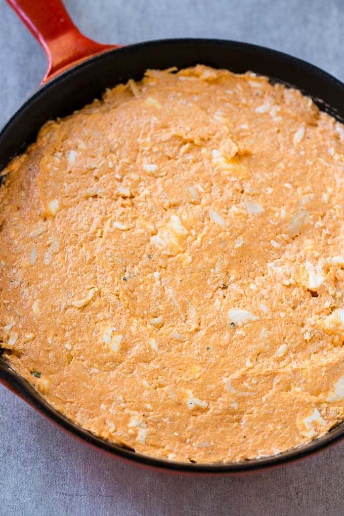 Buffalo Ranch Chicken Dip | Buffalo Chicken Dip | Baked Buffalo Dip | Cheesy Buffalo Dip #buffalowings #buffalochicken #dip #lowcarb #appetizer #sraye The base layer of cream cheese, meat, ranch and hot sauce.