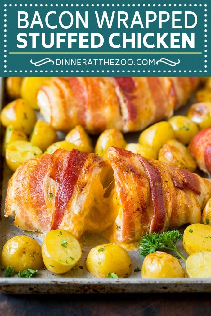 Bacon Wrapped Stuffed Chicken Breast Recipe | Sheet Pan Chicken #chicken #dinner #onepan #bacon #potatoes #sraye
