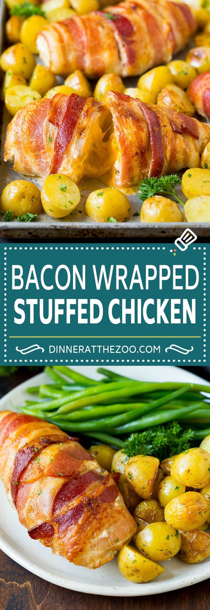 Bacon Wrapped Stuffed Chicken Breast Recipe | Sheet Pan Chicken #chicken #dinner #onepan #bacon #potatoes #sraye