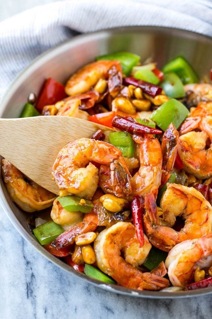 Kung Pao Shrimp | Shrimp Recipe | Shrimp Stir Fry | Easy Shrimp Recipe #shrimp #stirfry #peppers #dinner #sraye #spicy A skillet of spicy shrimp with peanuts and vegetables.
