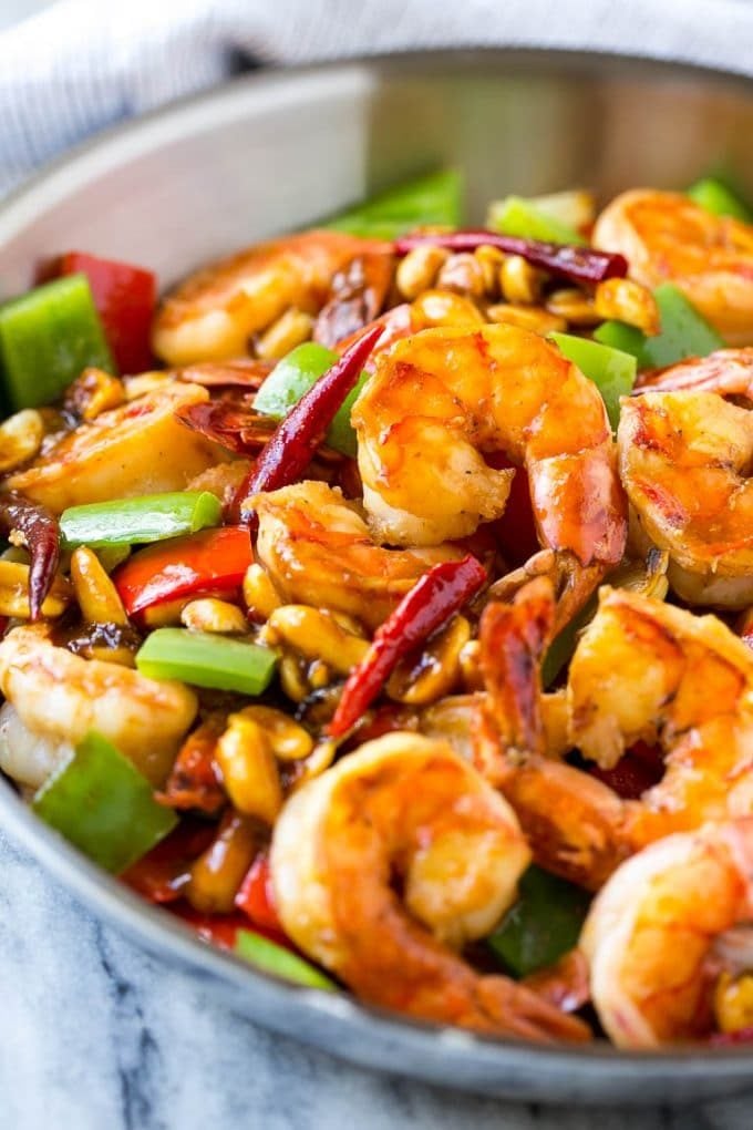 Kung Pao Shrimp | Shrimp Recipe | Shrimp Stir Fry | Easy Shrimp Recipe #shrimp #stirfry #peppers #dinner #sraye #spicy Shrimp in a savory and spicy sauce in a metal pan.