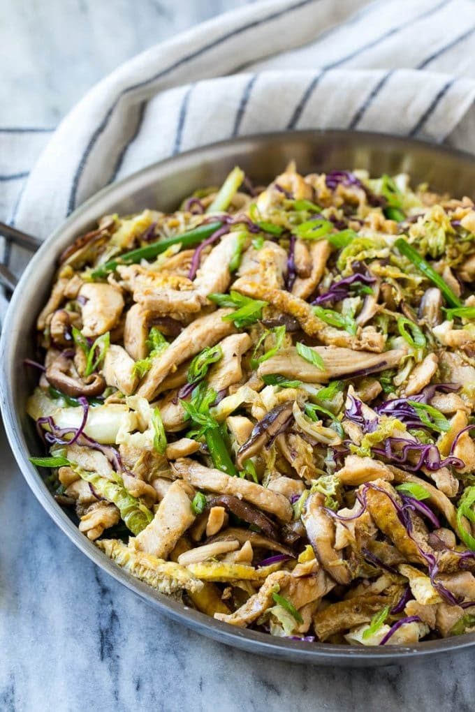 Moo Shu Chicken Recipe | Easy Chicken Recipe | Asian Chicken Recipe | Take Out Recipe | Easy Dinner Recipe #chicken #stirfry #mooshu #dinner #sraye A skillet of moo shu chicken with eggs, cabbage and mushrooms.