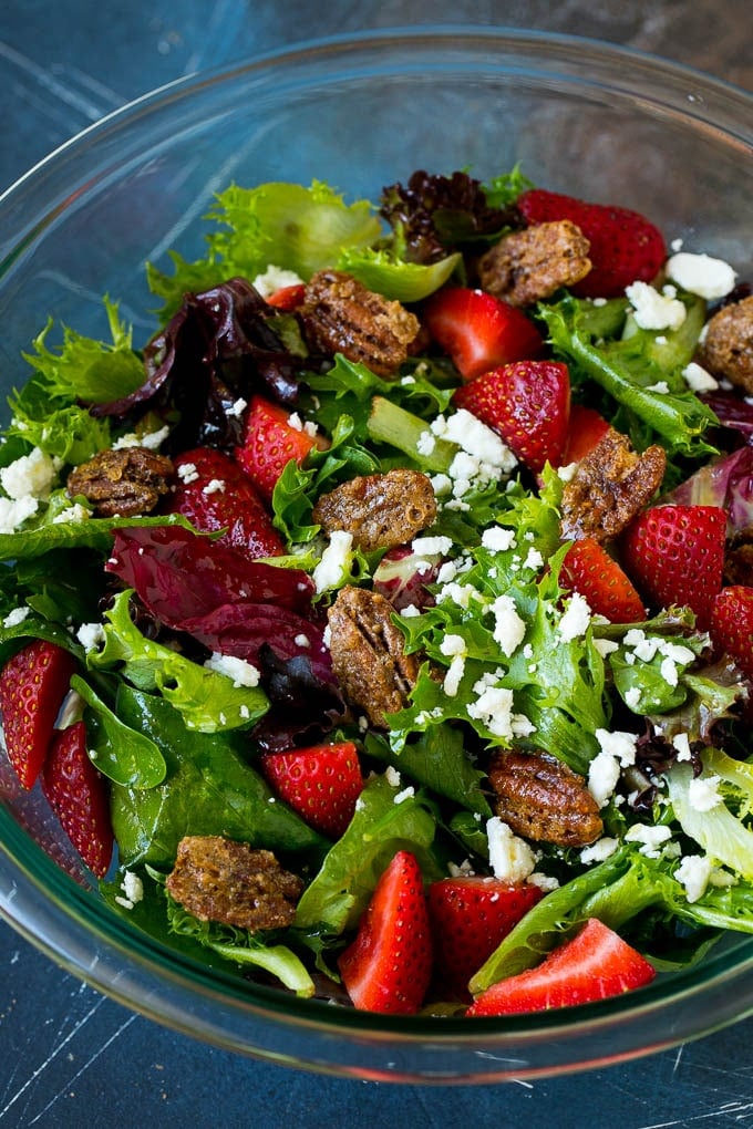 Candied Pecans Recipe | Glazed Pecans | Sugared Pecans #pecans #nuts #snack #dessert #sraye Candied pecans in a salad with strawberries and feta cheese.