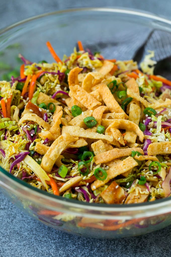 Chinese Chicken Salad Recipe | Asian Chicken Salad #salad #chicken #chickensalad #cabbage #lunch #dinner #sraye Chinese chicken salad with cabbage, carrots and crispy wonton strips.