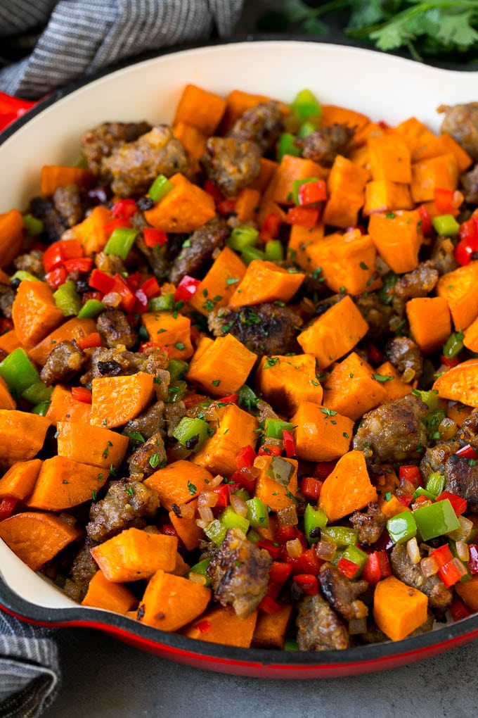 Sweet Potato Hash #sweetpotato #sausage #breakfast #brunch #sraye Hash with sweet potatoes, sausage and vegetables.