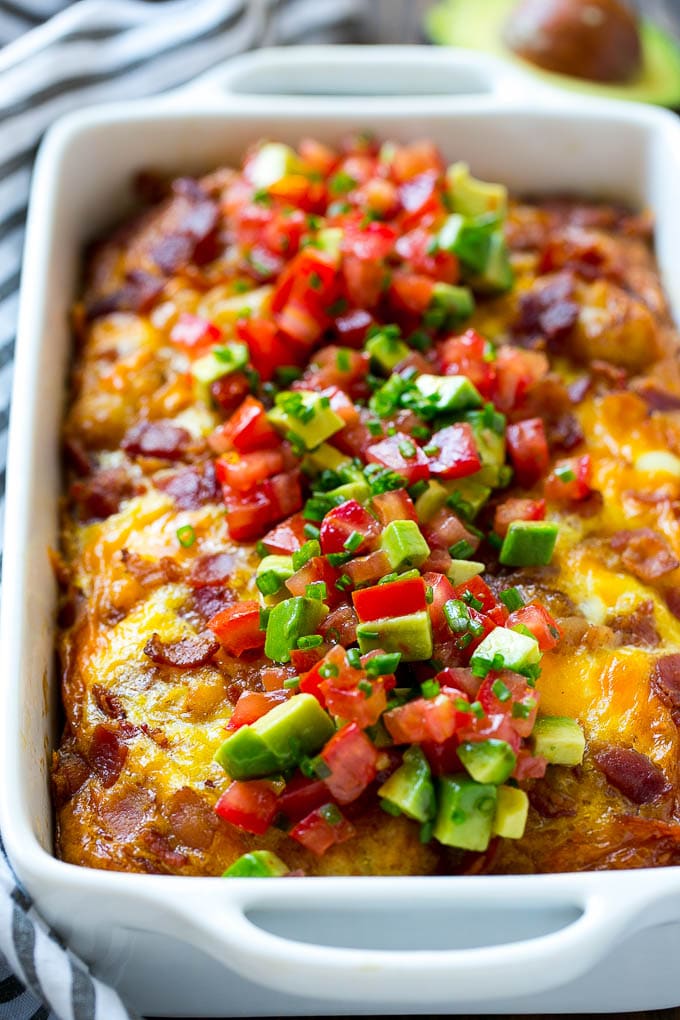 Breakfast Casserole with Bacon Recipe | Bacon and Egg Casserole | Egg Casserole with Bacon | Bacon Breakfast Casserole #eggs #bacon #casserole #breakfast #brunch #sraye A baked egg dish with a topping of vegetables.