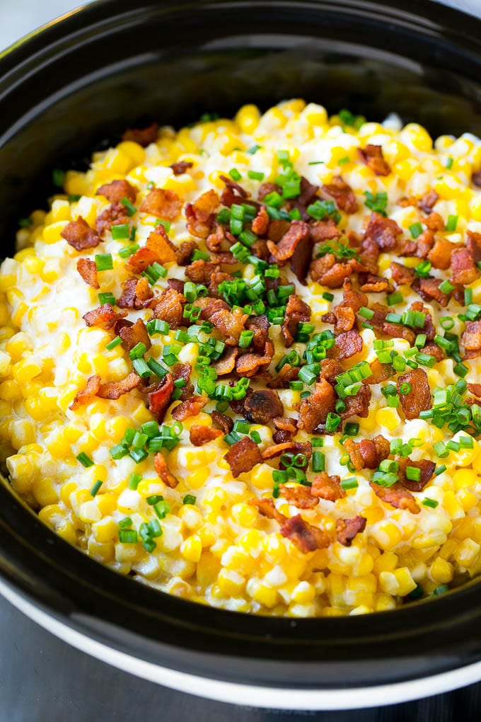 Slow Cooker Creamed Corn Recipe | Easy Creamed Corn Recipe | Slow Cooker Creamed Corn with Bacon | Southern Creamed Corn | Creamed Corn with Cream Cheese #creamedcorn #corn #bacon #crockpot #slowcooker #dinner #sraye Slow cooker creamed corn with Bacon and sliced chives.