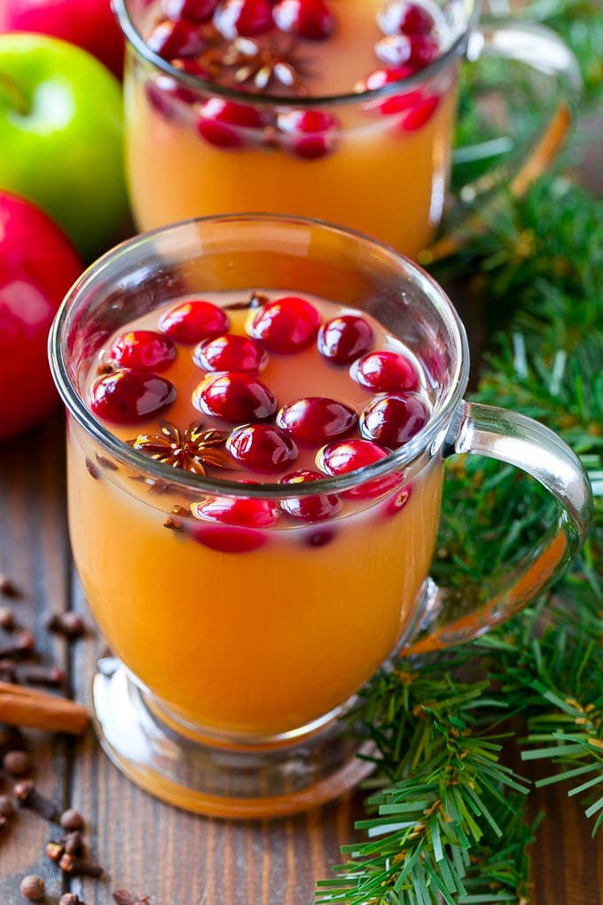 Slow Cooker Apple Cider | Mulled Apple Cider | Crockpot Apple Cider #cider #apple #applecider #drink #crockpot #slowcooker #sraye Mugs of slow cooker apple cider garnished with cranberries.