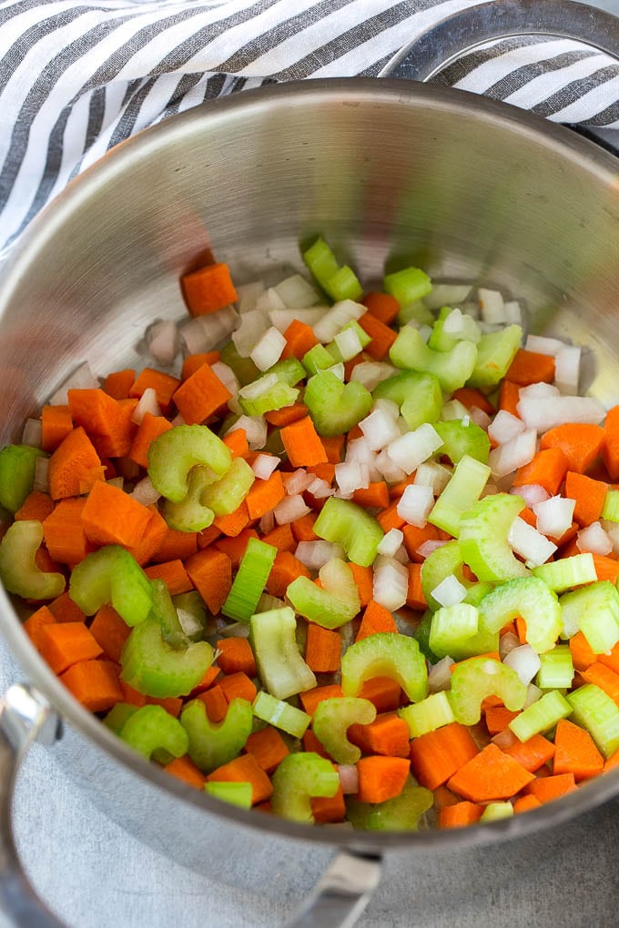 Hamburger Soup Recipe | Hamburger Stew | Ground Beef Soup #hamburger #soup #groundbeef #stew #dinner #sraye A pot with onions, carrots and celery.