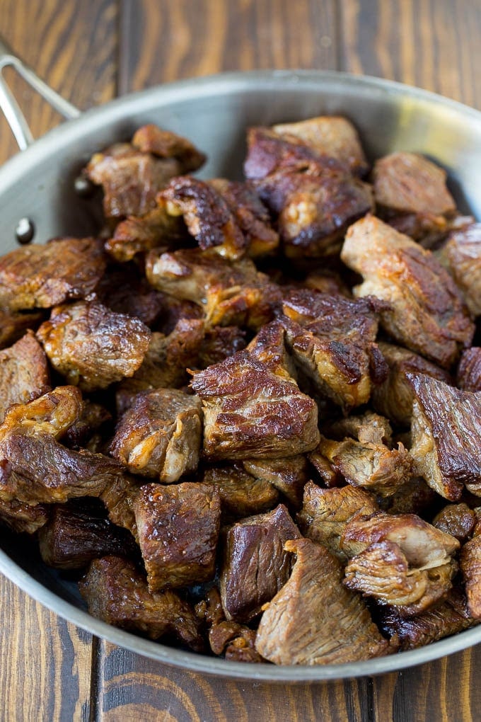 Slow Cooker Beef Stew Recipe | Crockpot Beef Stew #stew #soup #beef #slowcooker #crockpot #dinner #sraye Browned beef in a skillet.