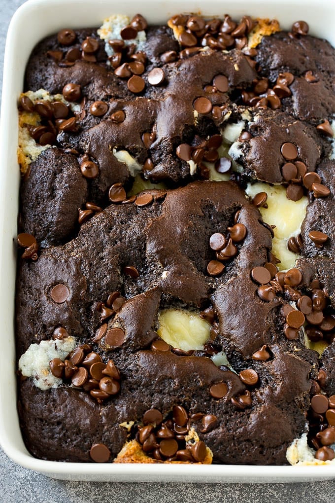 Earthquake Cake Recipe | Chocolate Cake Recipe | Chocolate Coconut Cake | Coconut Pecan Cake #cake #chocolate #coconut #pecans #dessert #chocolatecake #sraye An overhead shot of chocolate cream cheese cake.