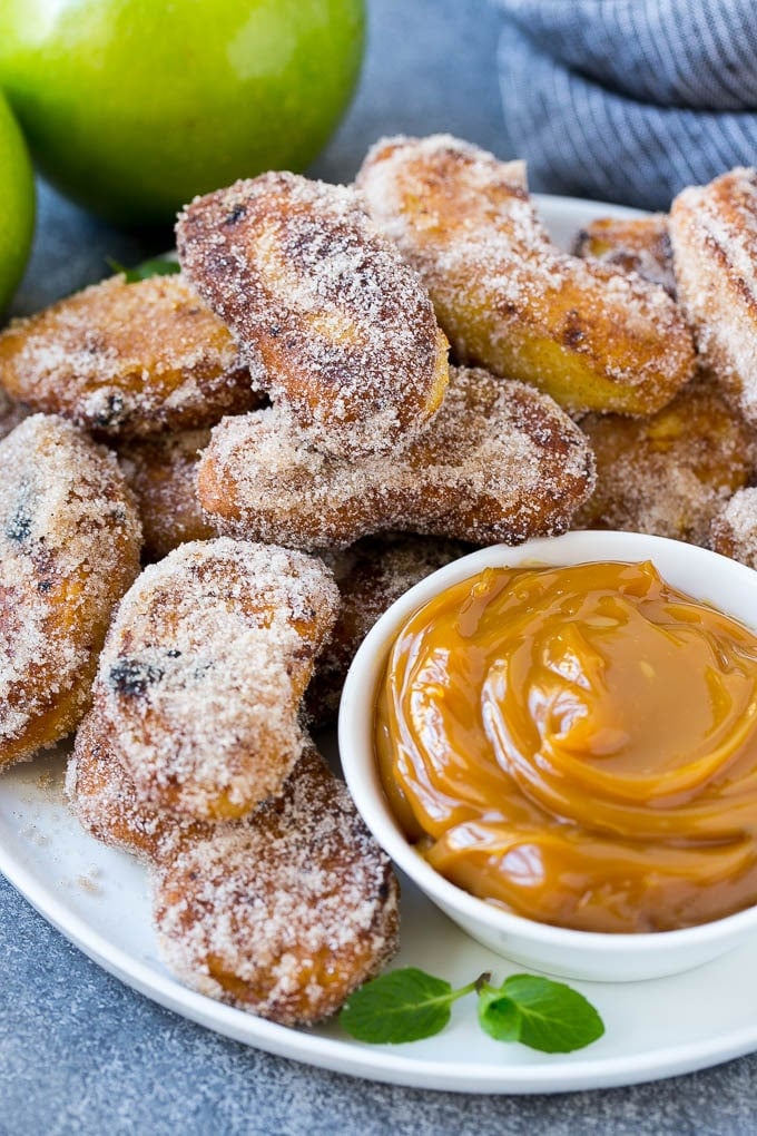 Apple Fries Recipe | Fried Apples Recipe | Cinnamon Sugar Apples | Apple Dessert Recipe #apples #dessert #sraye #fall A platter of cinnamon sugar coated apple fries served with caramel dip.