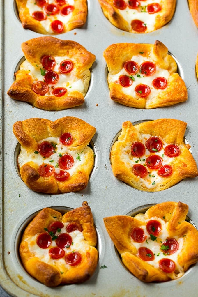 Pizza Muffins Recipe | Pizza Bites | Pizza Cups | Pizza Appetizer #pizza #appetizer #sraye Savory pizza muffins in a muffin tin.