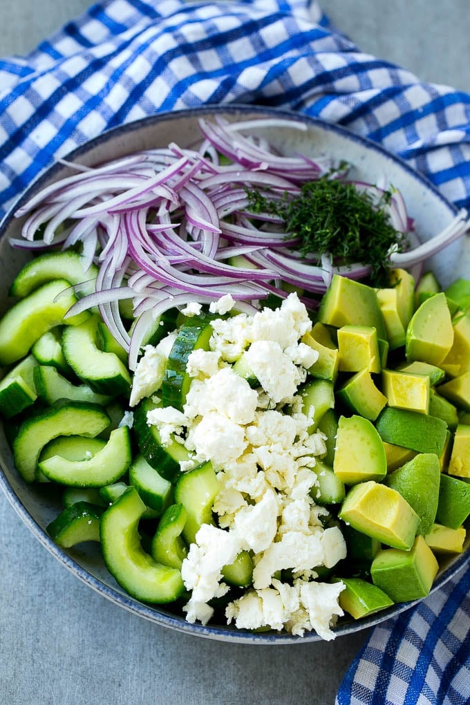 Cucumber Feta Salad Recipe | Cucumber Salad | Feta Cheese Salad | Summer Salad #salad #cucumber #sraye Salad ingredients in a bowl.