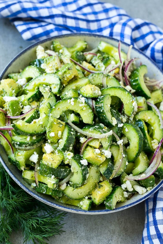 Cucumber Feta Salad Recipe | Cucumber Salad | Feta Cheese Salad | Summer Salad #salad #cucumber #sraye A bowl of cucumber feta salad with avocado.