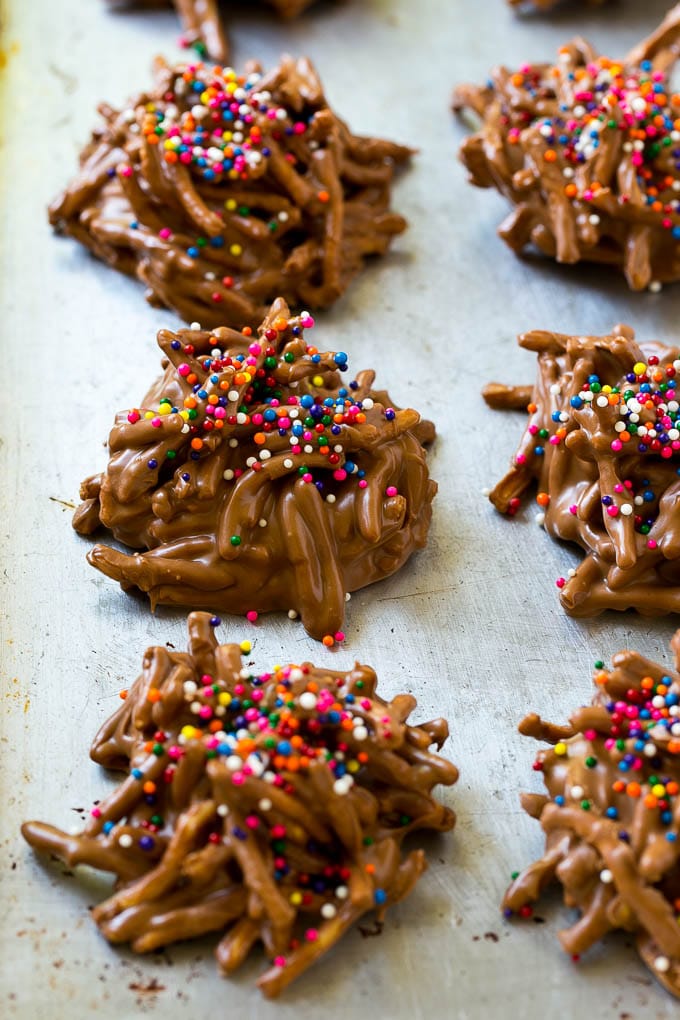 Haystack Cookies Recipe | No Bake Cookies | Chow Mein Noodle Cookies #nobakecookies #cookies #recipe #chocolate #sraye Haystack cookies made with chow mein noodles on a baking sheet.