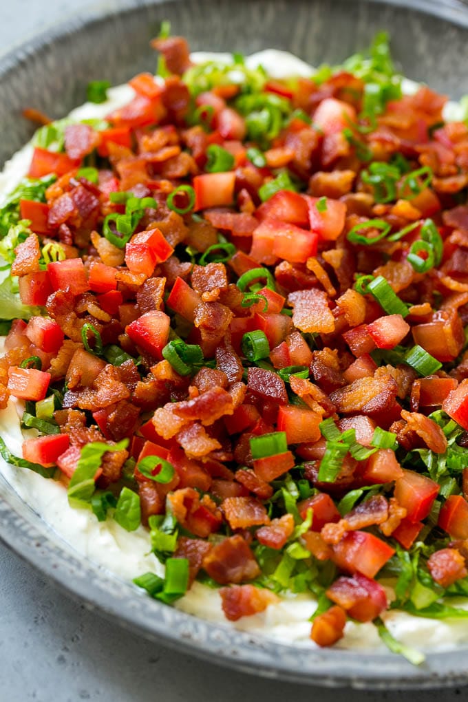 BLT Dip Recipe | Bacon Dip Recipe | Ranch Dip #dip #ranch #bacon #lettuce #tomato #appetizer #sraye BLT dip with a creamy ranch base, lettuce, tomatoes and bacon.
