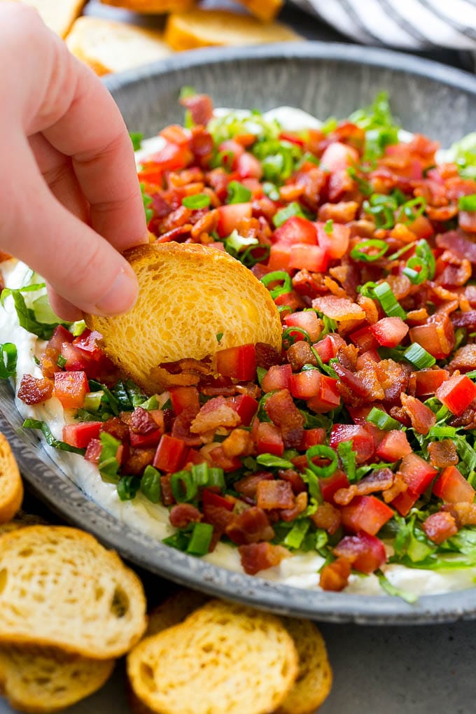 BLT Dip Recipe | Bacon Dip Recipe | Ranch Dip #dip #ranch #bacon #lettuce #tomato #appetizer #sraye BLT dip with bacon, lettuce, tomato and green onions over a creamy ranch dip.