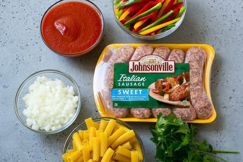 Sausage and Pepper Pasta Recipe | Italian Sausage Recipe | Sausage and Peppers | Easy Pasta #pasta #sausage #peppers #dinner #sraye Ingredients like pork, tomato sauce onion and rigatoni.