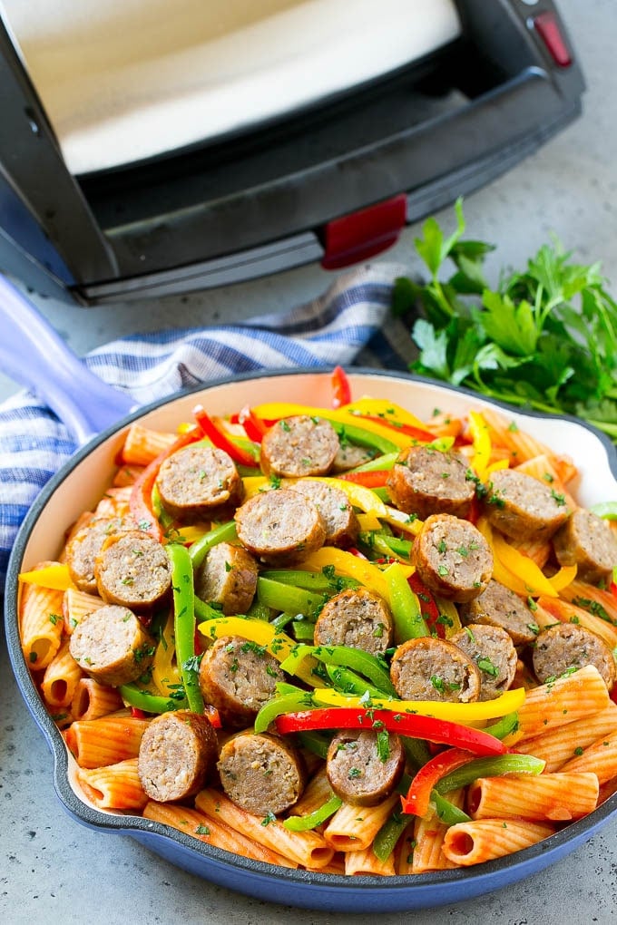 Sausage and Pepper Pasta Recipe | Italian Sausage Recipe | Sausage and Peppers | Easy Pasta #pasta #sausage #peppers #dinner #sraye Finished pasta in a skillet.