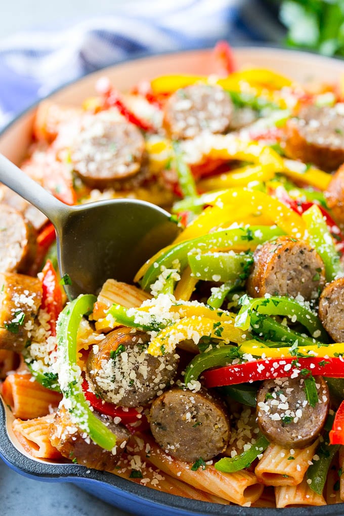 Sausage and Pepper Pasta Recipe | Italian Sausage Recipe | Sausage and Peppers | Easy Pasta #pasta #sausage #peppers #dinner #sraye Sausage and pepper pasta with Italian sausage, topped with parmesan cheese.