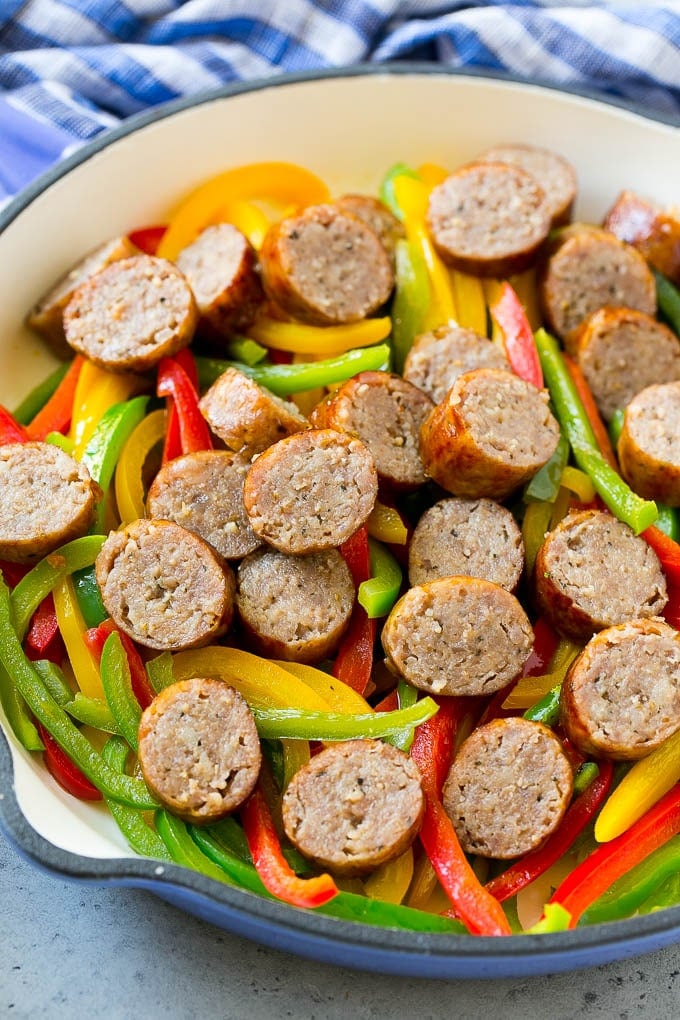 Sausage and Pepper Pasta Recipe | Italian Sausage Recipe | Sausage and Peppers | Easy Pasta #pasta #sausage #peppers #dinner #sraye Sausage and peppers in a skillet.
