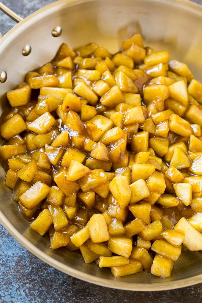 Fried Apple Pies Recipe | McDonald's Copycat Recipe | Apple Pie | Apple Hand Pies #pie #apples #applepie #dessert #snack #sraye Homemade apple pie filling in a skillet.