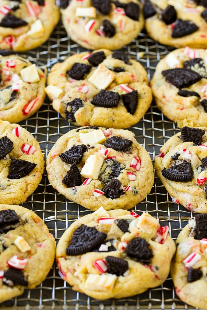 Oreo Peppermint Cookies Recipe | Candy Cane Cookies | Oreo Cookies #oreo #peppermint #cookies #baking #Christmas #sweets #sraye Oreo peppermint cookies on a cooling rack.