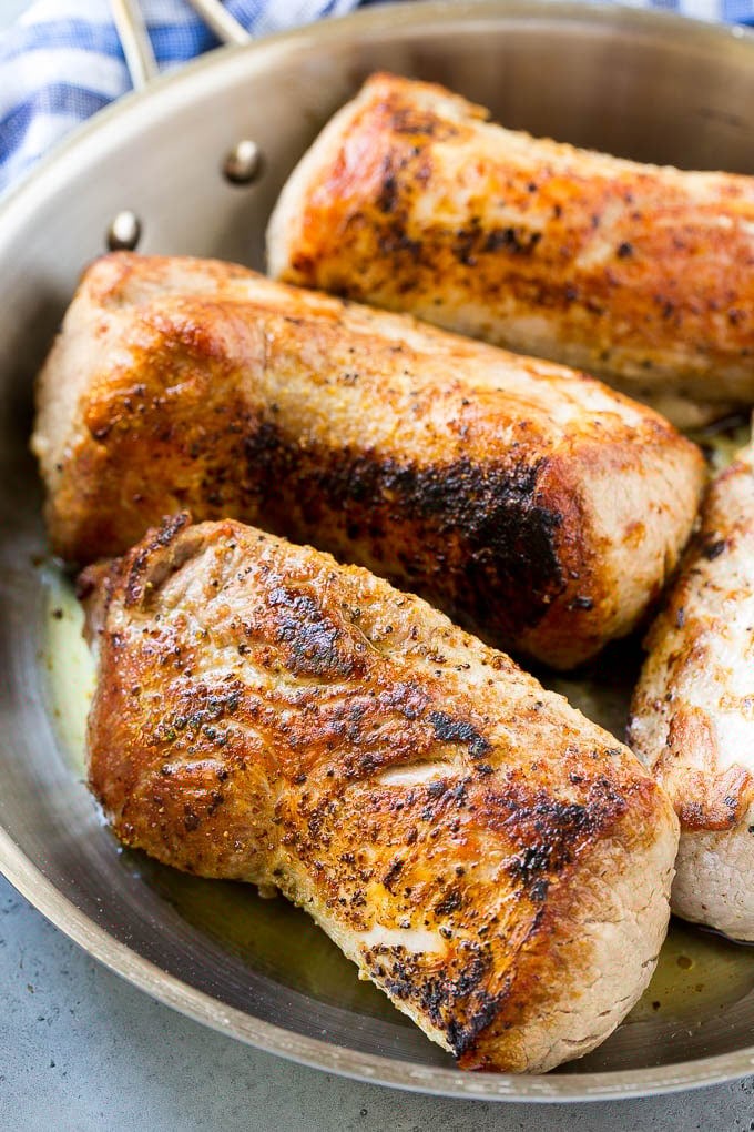Slow Cooker Pork Tenderloin Recipe | Crock Pot Pork Tenderloin | Easy Pork Tenderloin #slowcooker #crockpot #pork #dinner #sraye Seared pork tenderloin in a skillet.