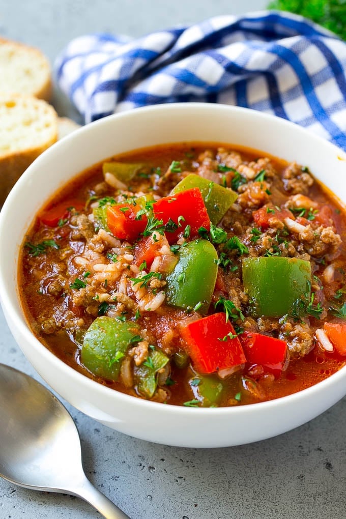 Stuffed Pepper Soup Recipe | Beef and Rice Soup | Stuffed Peppers #peppers #soup #beef #rice #dinner #sraye A bowl of stuffed pepper soup with ground beef, peppers and rice.