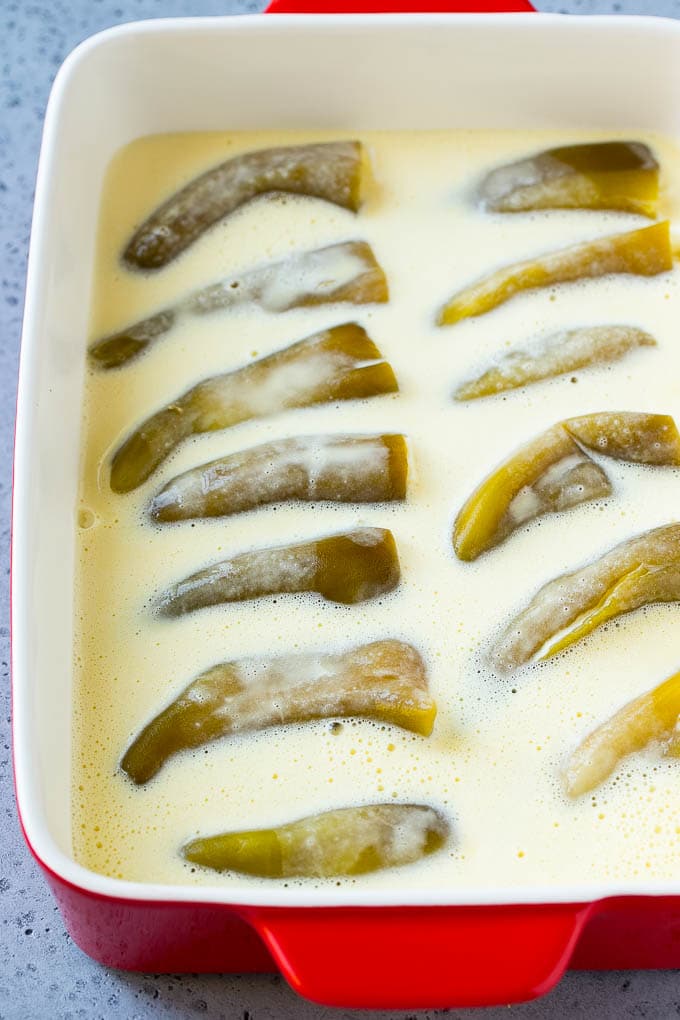 Chile Relleno Casserole Recipe | Baked Chile Rellenos | Mexican Casserole #casserole #chiles #mexican #cheese #dinner #sraye Stuffed green chiles in an egg batter.