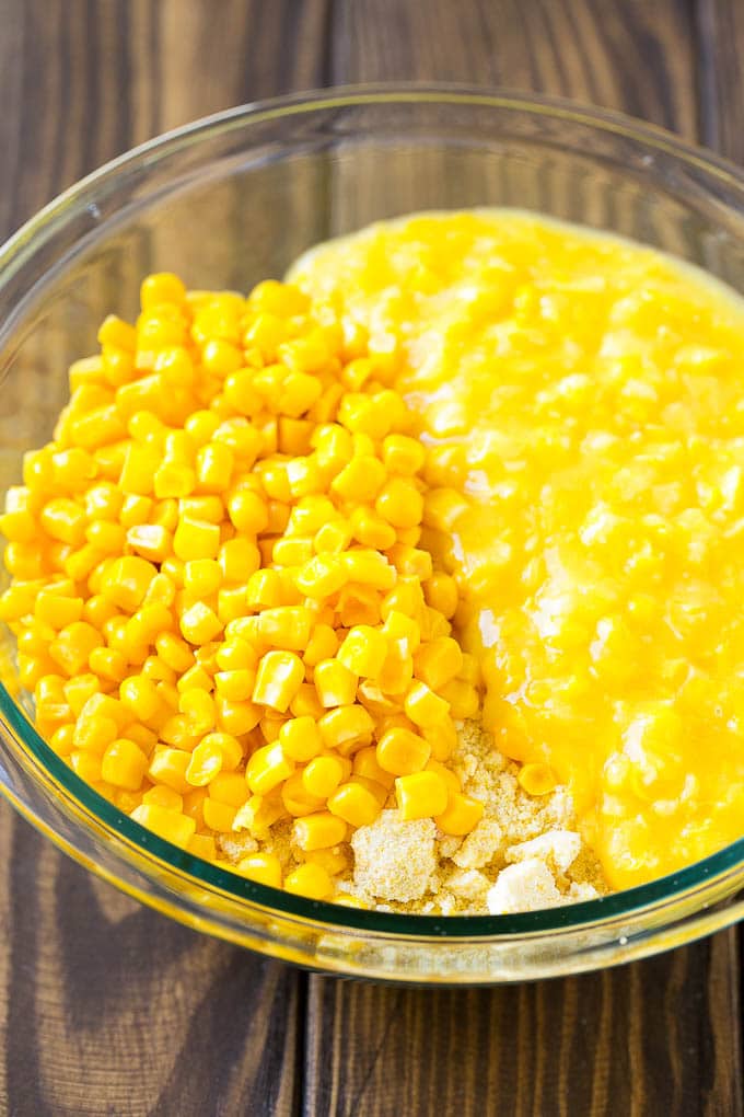 Corn Pudding Recipe | Corn Casserole | Corn Side Dish #corn #pudding #casserole #sidedish #thanksgiving #dinner #sraye Corn kernels, creamed corn and cornbread mix in a bowl.