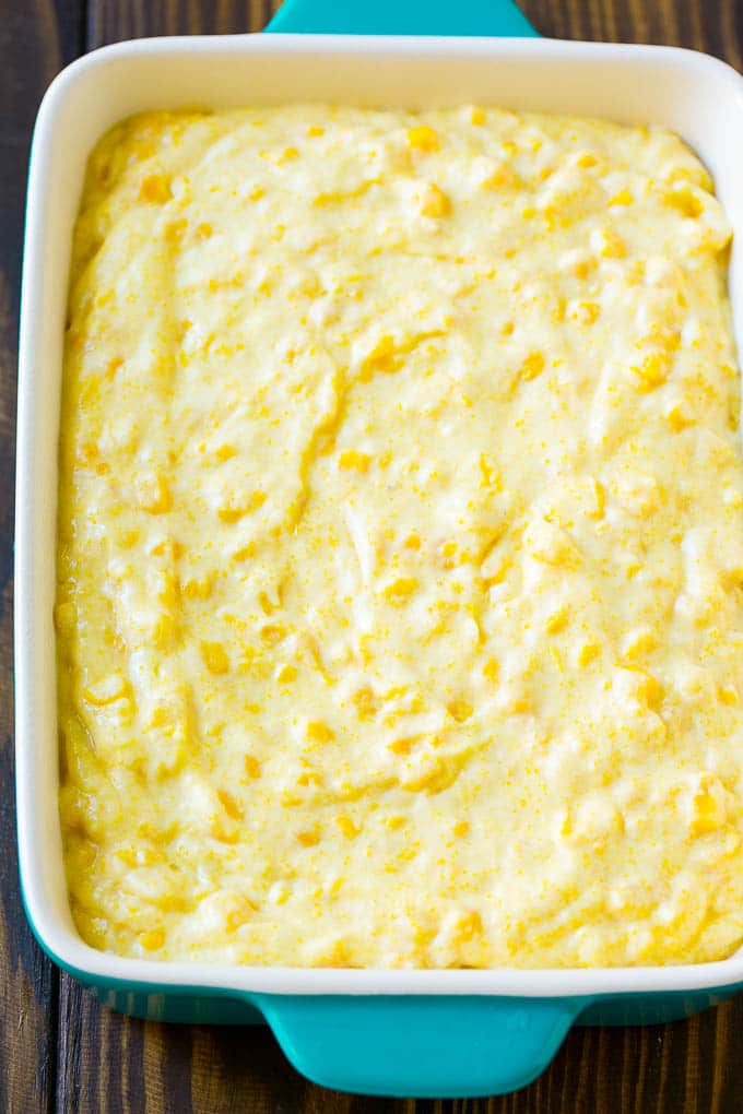 Corn Pudding Recipe | Corn Casserole | Corn Side Dish #corn #pudding #casserole #sidedish #thanksgiving #dinner #sraye Batter spread into a baking dish.