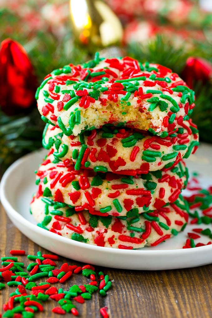 Cake Mix Cookies Recipe | Sprinkle Cookies | Christmas Cookies #cookies #christmas #sprinkles #dessert #baking #sraye A stack of cake mix cookies made with white cake mix and festive sprinkles.