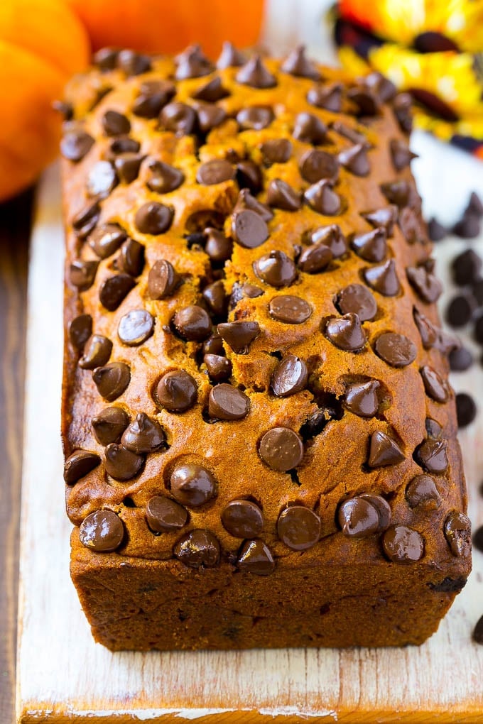 Pumpkin Chocolate Chip Bread Recipe | Pumpkin Bread | Chocolate Pumpkin Bread #pumpkin #bread #fall #chocolate #baking #dessert #sraye A loaf of pumpkin chocolate chip bread.