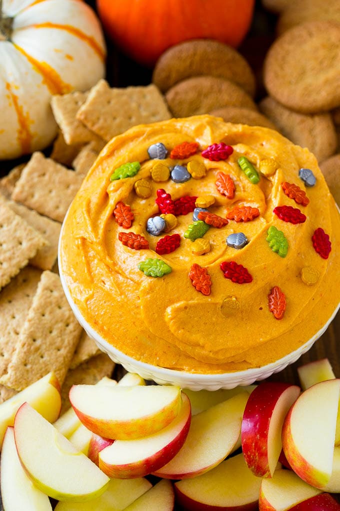 Pumpkin Dip Recipe | Dessert Dip | Pumpkin Pie Dip #pumpkin #dessert #dip #fall #thanksgiving #sraye Pumpkin dip served with apples, gingersnap cookies and graham crackers.