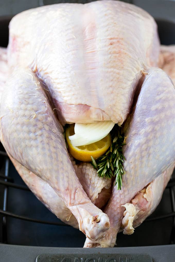 Roast Turkey Recipe | Thanksgiving Turkey | Holiday Turkey | Baked Turkey #turkey #thanksgiving #christmas #dinner #glutenfree #sraye A raw bird with onion, lemon and herbs in the cavity.
