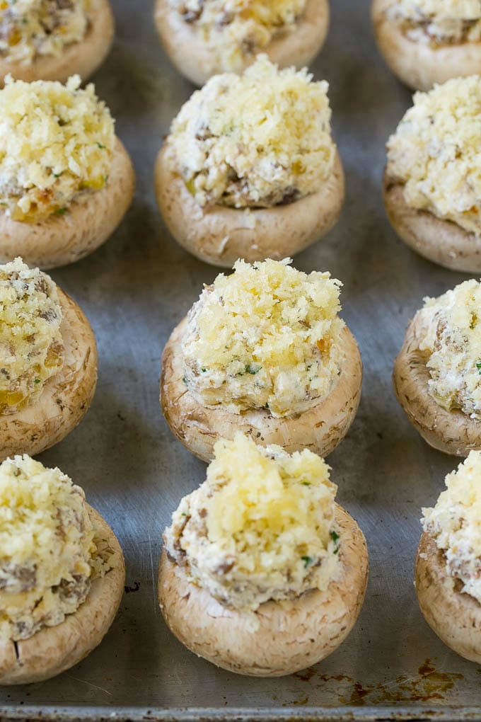 Sausage Stuffed Mushrooms Recipe | Stuffed Mushrooms | Mushroom Appetizer #mushrooms #sausage #appetizer #lowcarb #keto #sraye Raw sausage stuffed mushrooms ready to go into the oven.