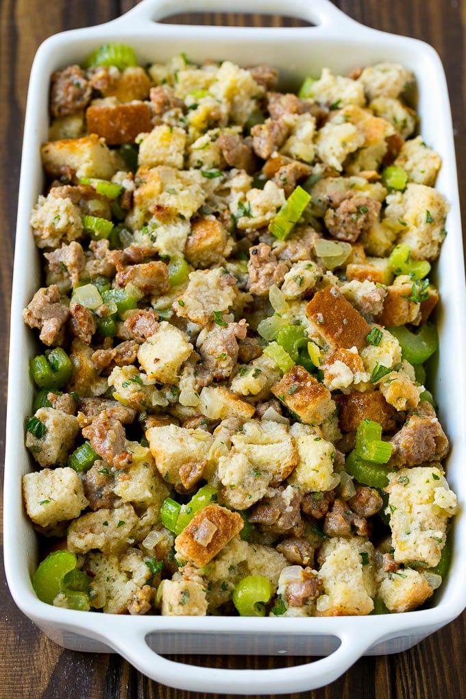 Sausage Stuffing Recipe | Thanksgiving Stuffing | Make Ahead Stuffing #stuffing #thanksgiving #sausage #sidedish #dinner #sraye The ingredients for stuffing assembled in a pan and ready to go into the oven.