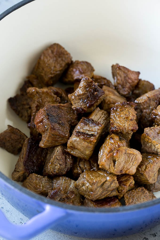 Vegetable Beef Soup Recipe | Beef Vegetable Soup | Beef Soup #beef #veggies #soup #dinner #glutenfree #sraye Browned pieces of beef stew meat in a soup pot.