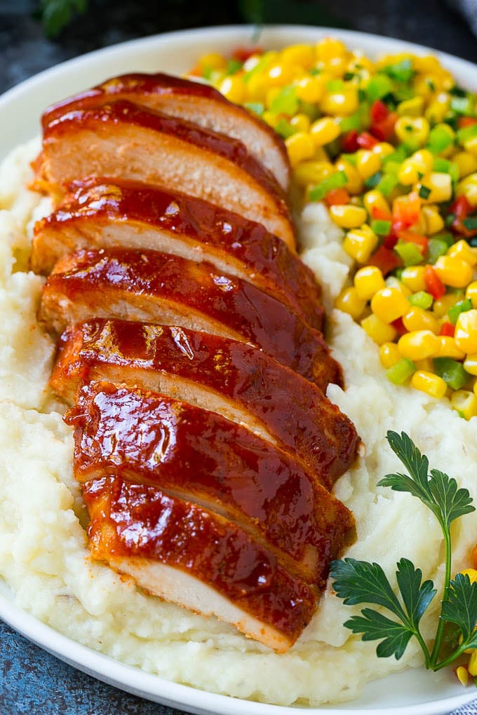 Smoked Chicken Breast Recipe | BBQ Chicken | Smoked Chicken #bbq #chicken #smoker #dinner #glutenfree #sraye Sliced smoked chicken breast over mashed potatoes and corn.