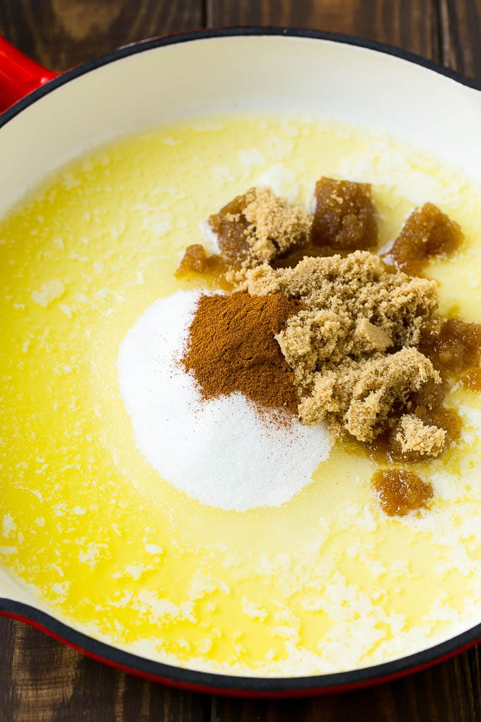 Fried Apples Recipe | Sauteed Apples | Cinnamon Sugar Apples #apples #cinnamon #sugar #sidedish #dessert #sraye #fall Butter, brown sugar, granulated sugar and cinnamon in a pan.