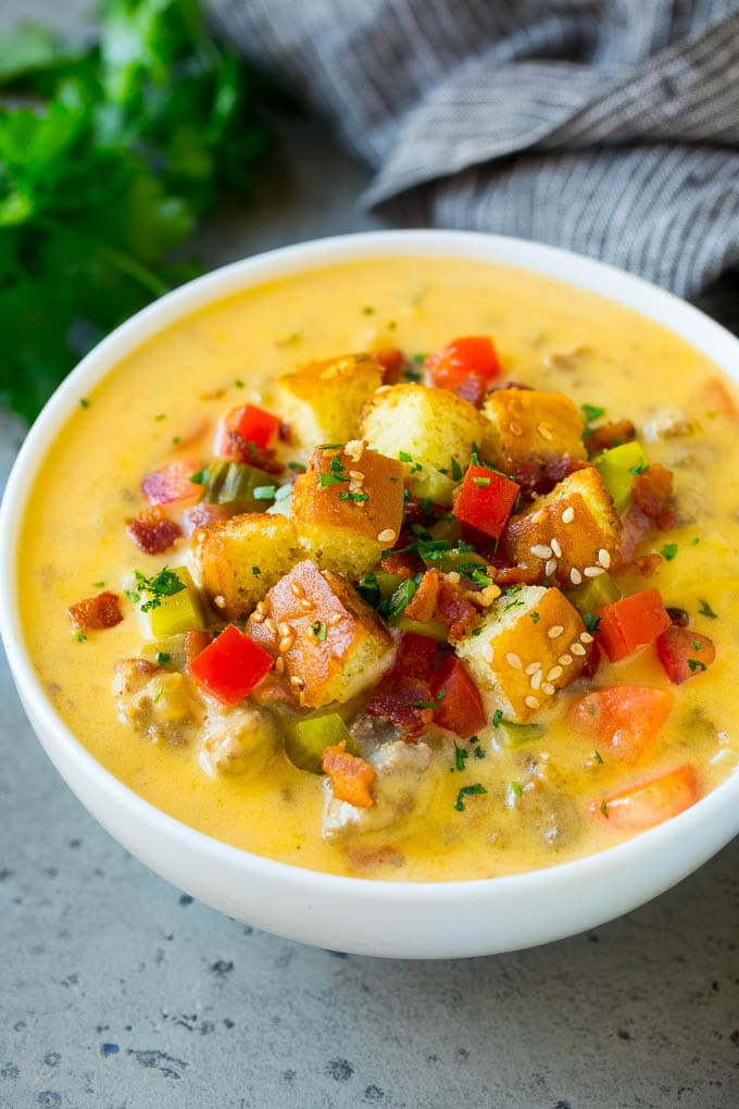 Cheeseburger Soup Recipe | Hamburger Soup | Cheese Soup #soup #groundbeef #hamburger #cheese #bacon #dinner #sraye A bowl of cheeseburger soup
