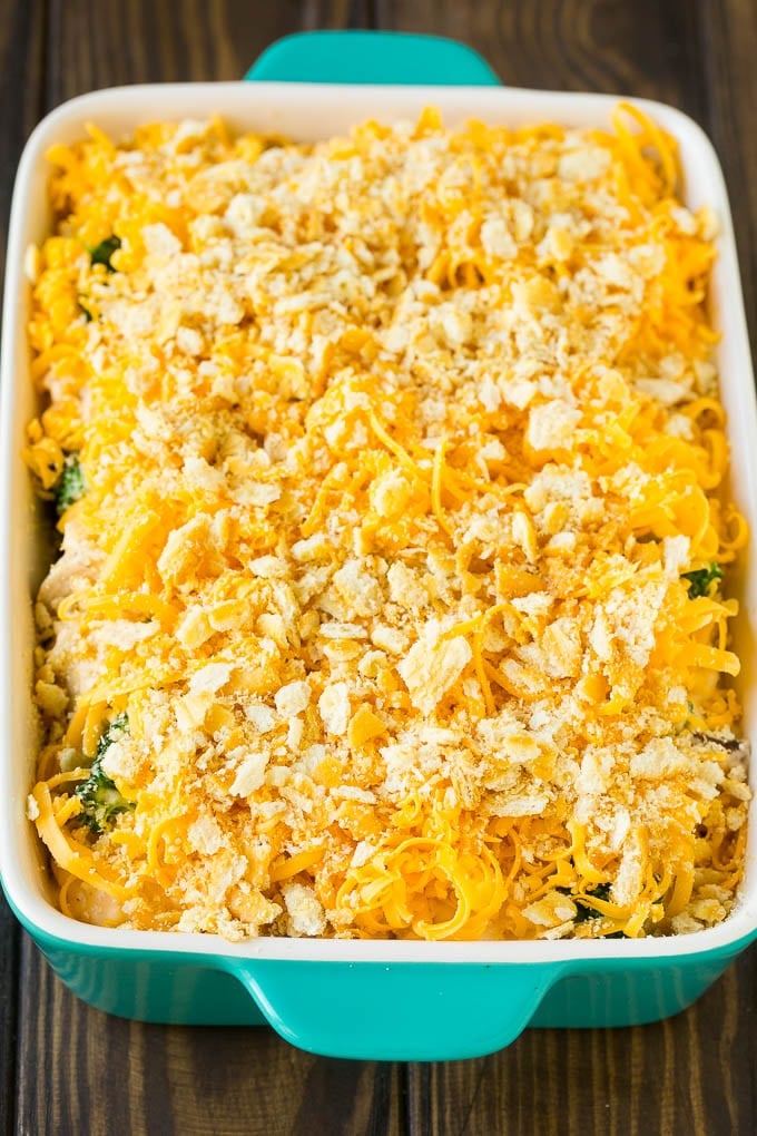 Chicken Casserole Recipe | Chicken and Rice Casserole | Chicken and Broccoli Casserole #casserole #chicken #rice #broccoli #cheese #dinner #sraye Chicken casserole topped with crushed crackers and cheddar cheese.