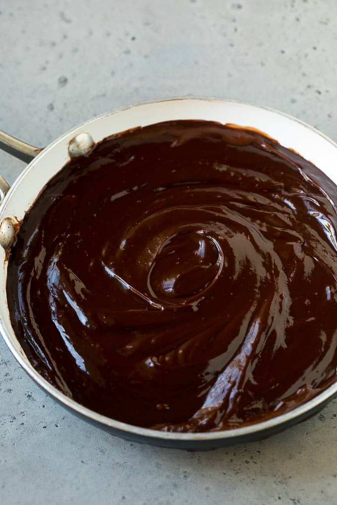 Chocolate Fondue Recipe | Chocolate Sauce | Chocolate Dip #chocolate #dessert #glutenfree #fondue #sraye Melted dip in a skillet.