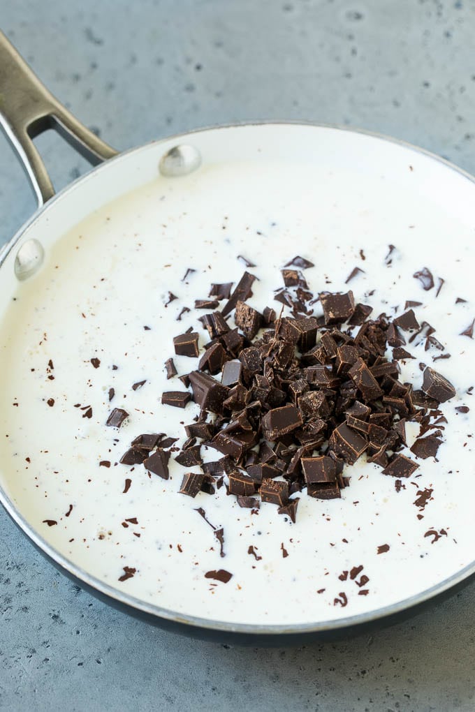 Chocolate Fondue Recipe | Chocolate Sauce | Chocolate Dip #chocolate #dessert #glutenfree #fondue #sraye Chopped semi-sweet chunks and heavy cream in a skillet.