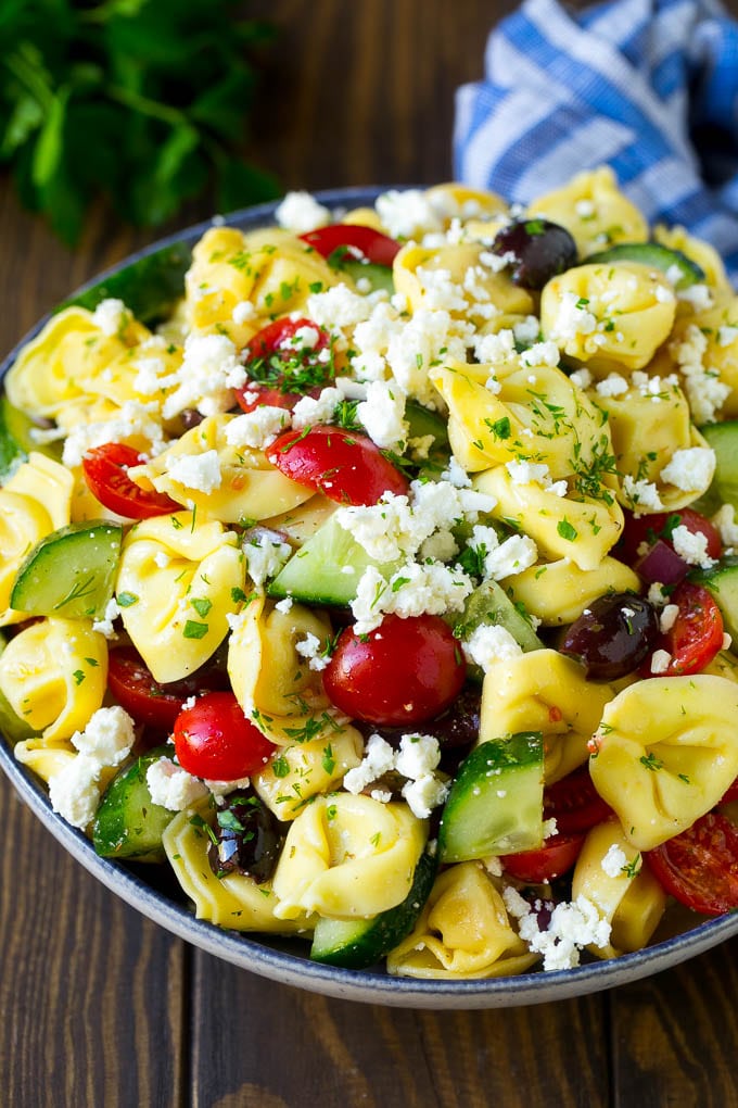 Greek Tortellini Salad Recipe | Pasta Salad | Tortellini Salad | Greek Salad #greek #tortellini #pasta #salad #cucumbers #olives #dinner #sraye Tortellini salad with cucumber, tomato, olives and feta cheese.