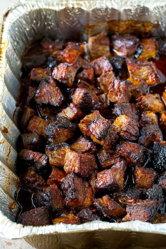 Burnt Ends Recipe | Smoked Brisket | Beef Brisket #brisket #bbq #smoker #beef #dinner #sraye Burnt ends in a foil pan.