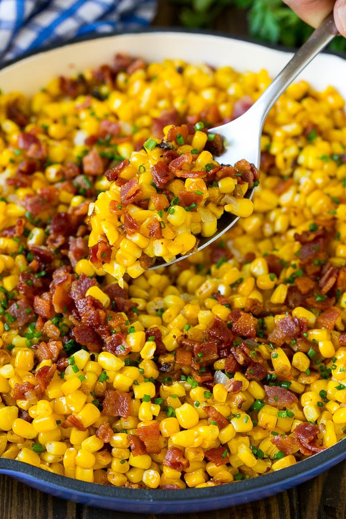 Bacon Fried Corn Recipe | Sauteed Corn | Corn Side Dish #corn #bacon #sidedish #glutenfree #dinner #sraye A spoonful of fried corn made with bacon and onions.